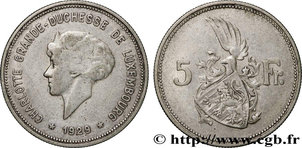 LUXEMBOURG 5 Francs Grande-Duchesse Charlotte 1929 Stuttgart TB+ 
