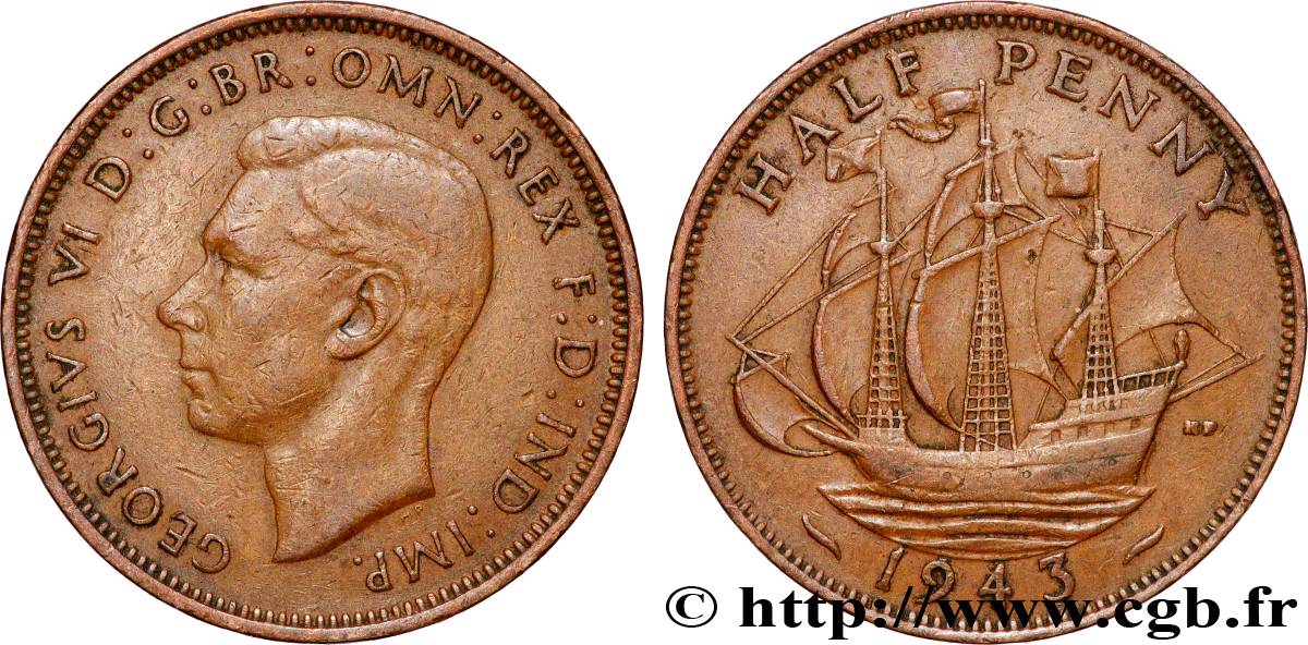 ROYAUME-UNI 1/2 Penny Georges VI 1943 Londres TTB 