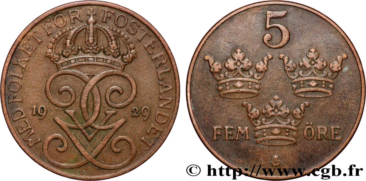 SUÈDE 5 Ore Gustave V 1929 Kungsholmen TTB 