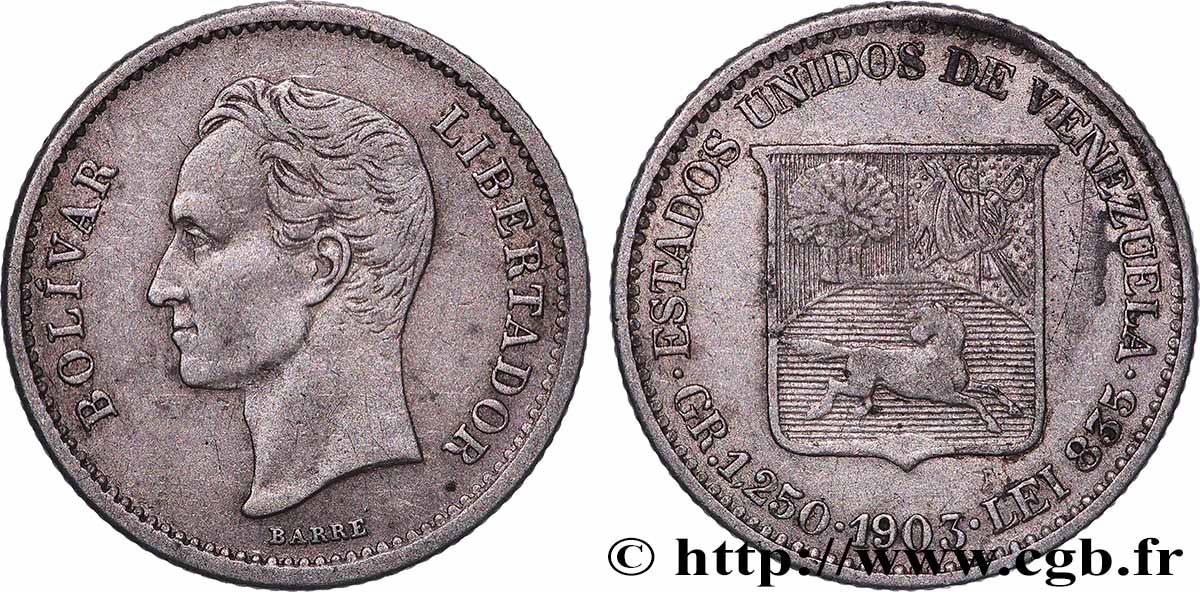 VENEZUELA 1/4 Bolivar 1903 Philadelphie XF 