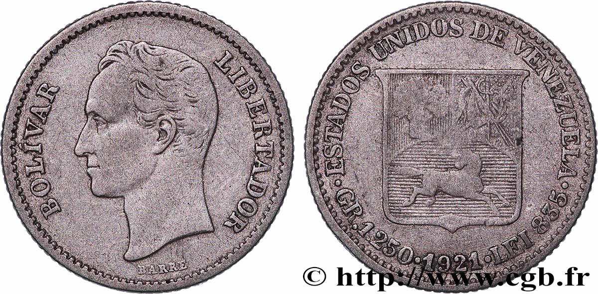 VENEZUELA 1/4 Bolivar 1921 Philadelphie TTB 