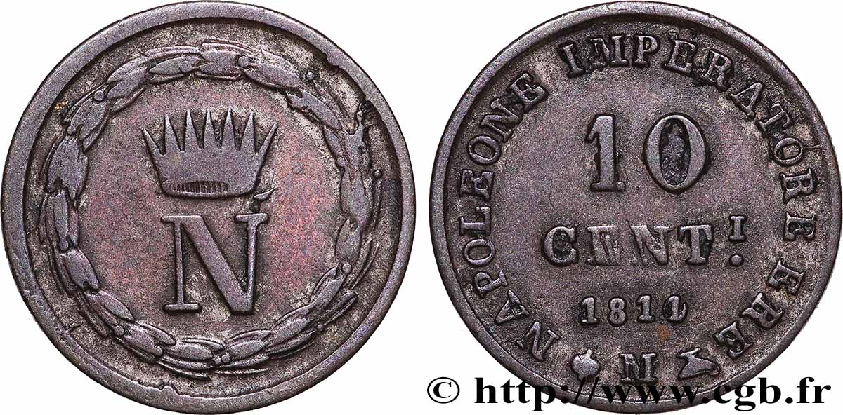 ITALY - KINGDOM OF ITALY - NAPOLEON I 10 Centesimi 1811/0 Milan VF 