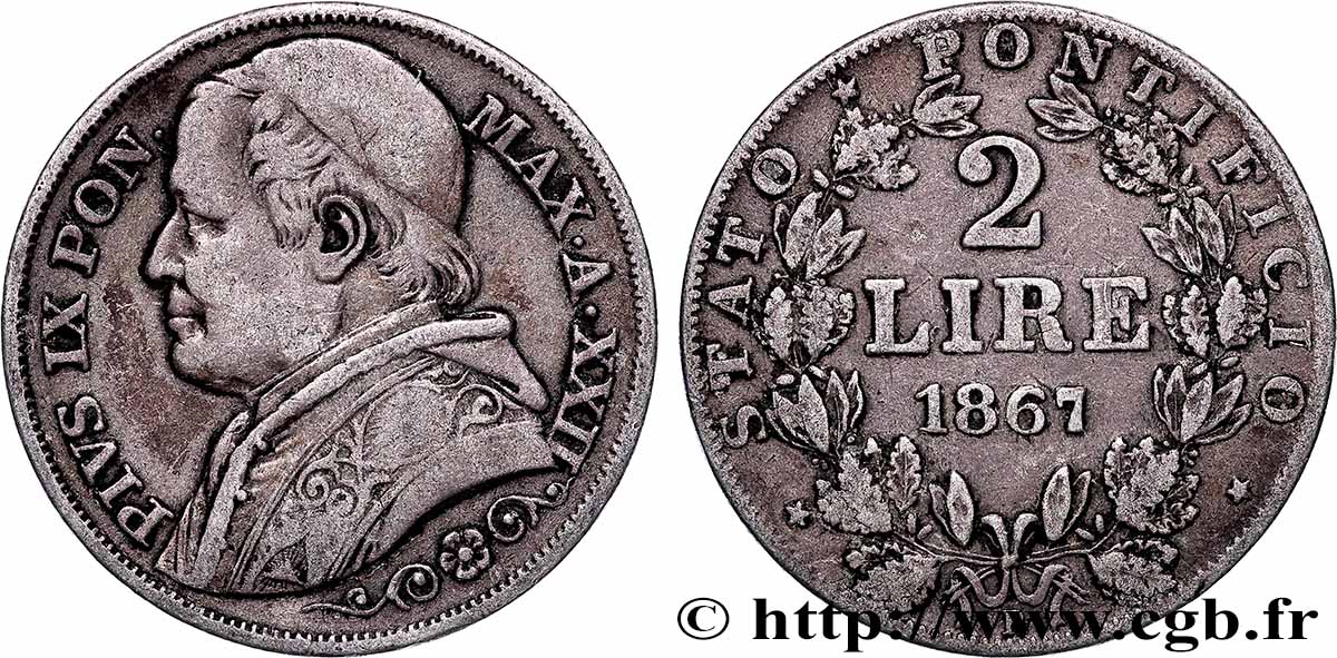 VATIKANSTAAT UND KIRCHENSTAAT 2 Lire Pie IX an XXII 1867 Rome SS 