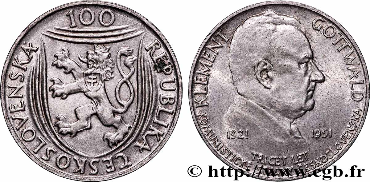 TSCHECHOSLOWAKEI 100 Korun 30e anniversaire du parti communiste, Klement Gottwald 1951  fVZ 