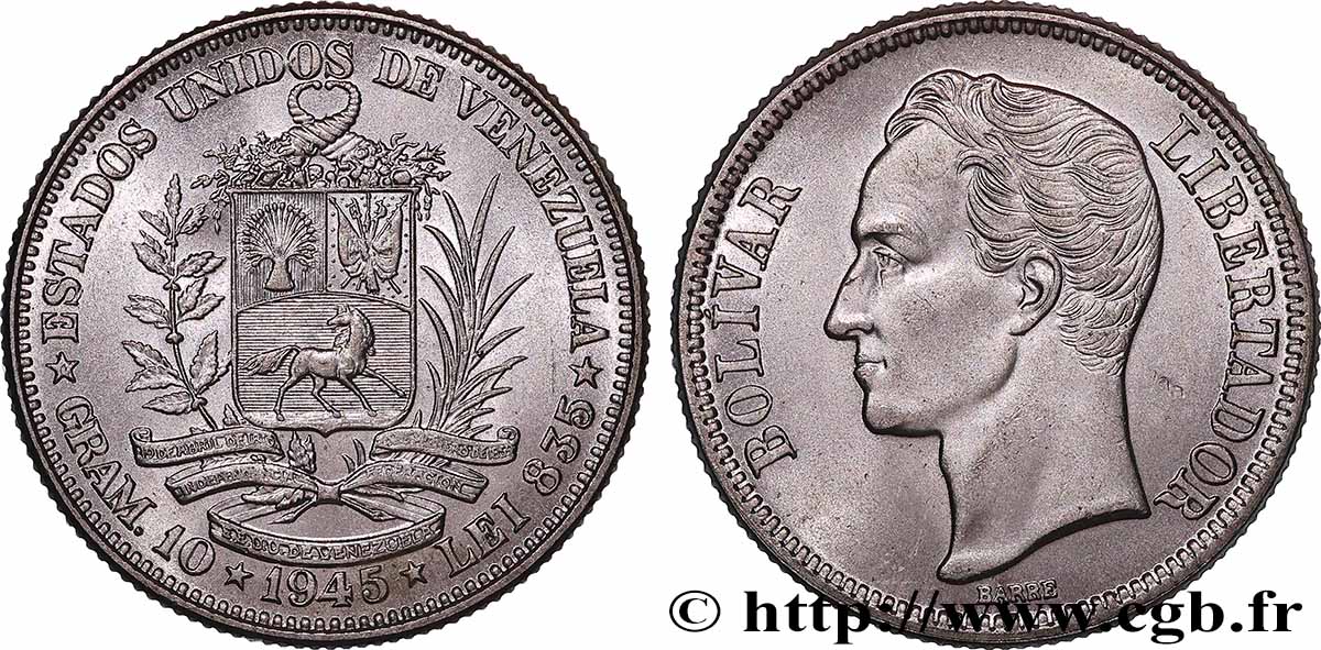 VENEZUELA 2 Bolivares Simon Bolivar 1945 Philadelphie SUP 