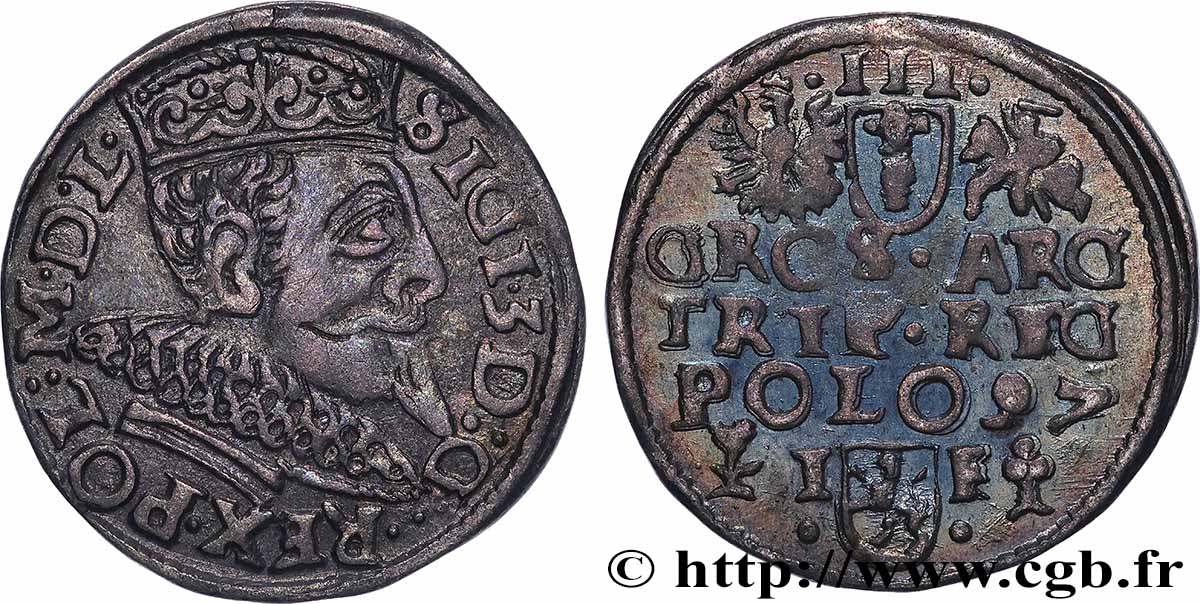 POLAND - SIGISMUND III VASA Trois groschen ou trojak koronny 1597 Olkusz XF 