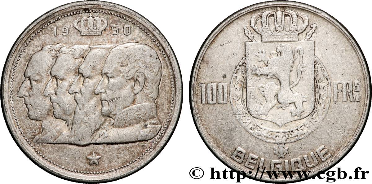 BELGIQUE 100 Francs portraits des quatre rois de Belgique, légende française 1950 Bruxelles TB+ 
