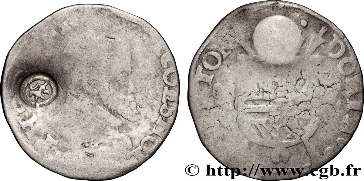 SPANISCHE NIEDERLANDE - HERZOGTUM BRABANT - PHILIPPE II Cinquième d écu philippe, contremarque lion de hollande [...] Atelier indéterminé SGE 