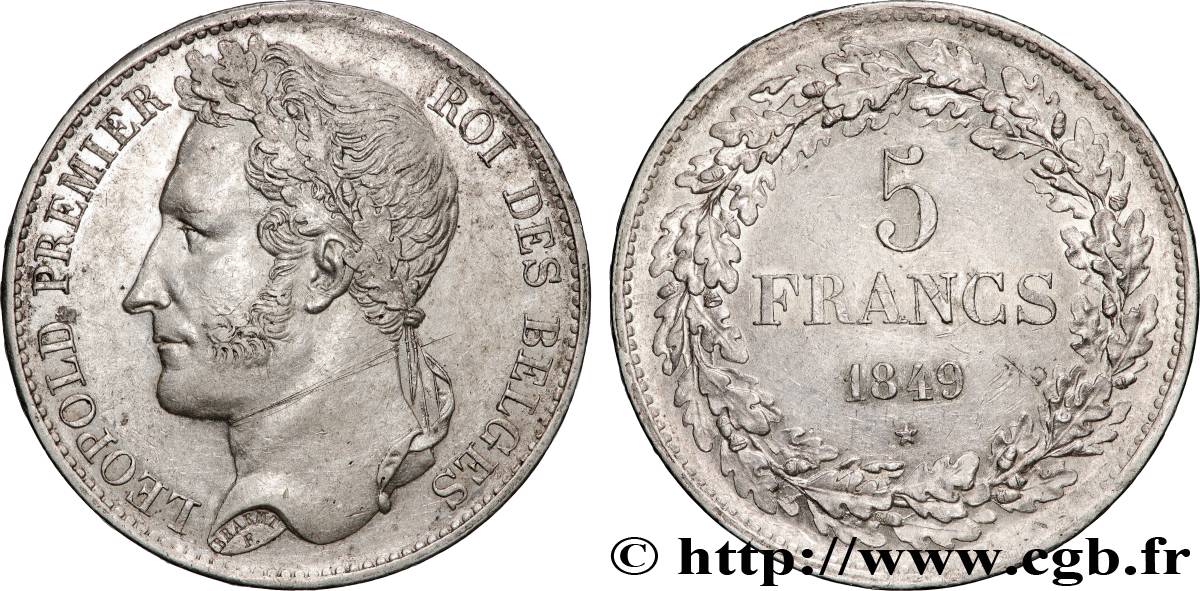 BELGIQUE 5 Francs Léopold Ier tête laurée 1849  SUP 