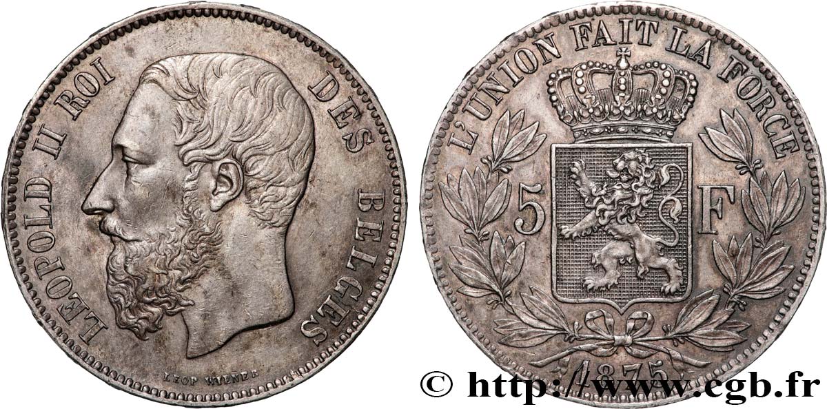 BELGIQUE - ROYAUME DE BELGIQUE - LÉOPOLD II 5 Francs  1875  SUP 