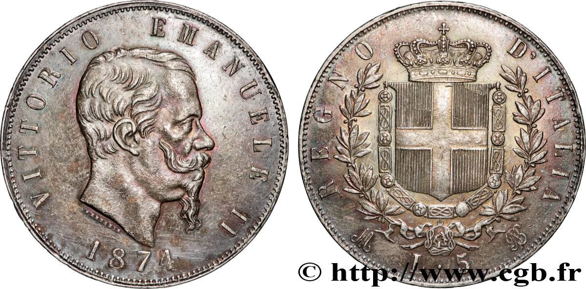 ITALIE - ROYAUME D ITALIE - VICTOR-EMMANUEL II 5 Lire 1874 Milan SUP 