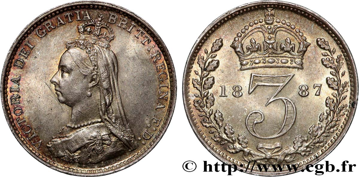 ROYAUME-UNI 3 Pence Victoria buste du jubilé 1887  SPL 