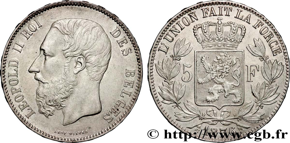 BELGIUM - KINGDOM OF BELGIUM - LEOPOLD II 5 Francs  1876 Bruxelles AU 