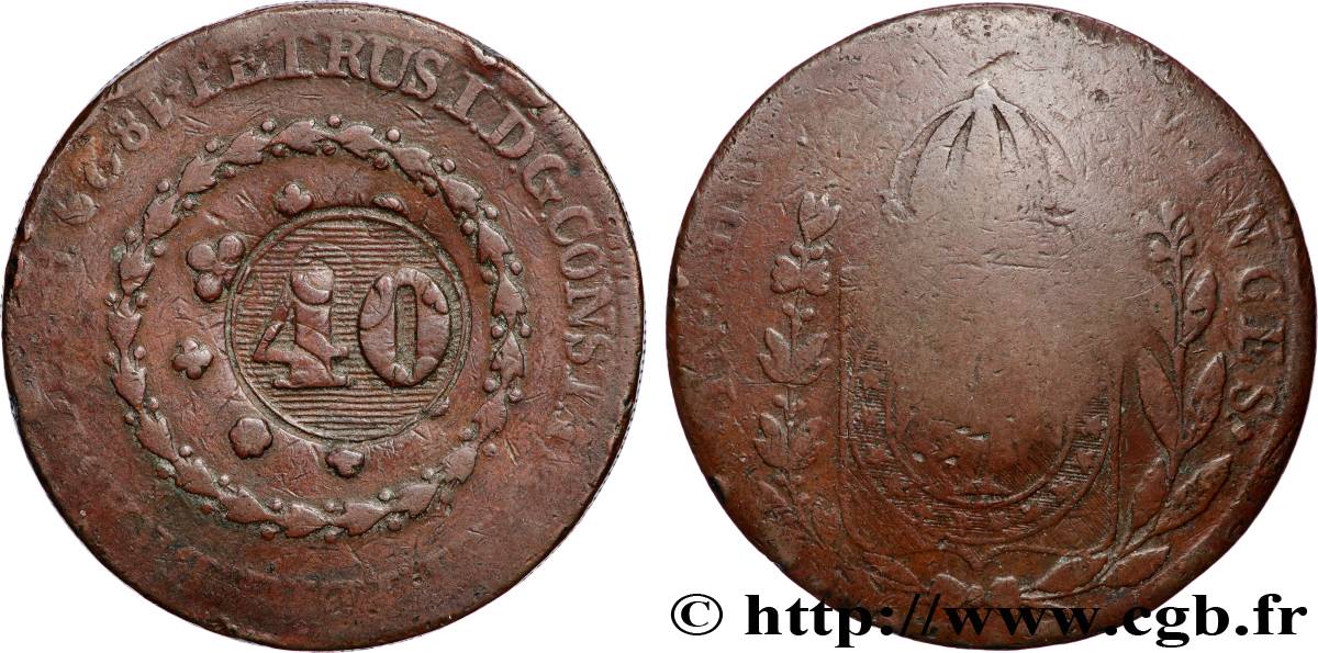 BRÉSIL 40 Réis Pierre II du Brésil contremarqué sur une 80 Réis 1829 (1835) Rio de Janeiro TB+ 