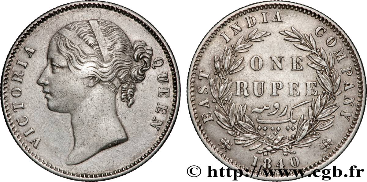 INDES BRITANNIQUES 1 Roupie East India Company Victoria 1840 Bombay TTB+ 
