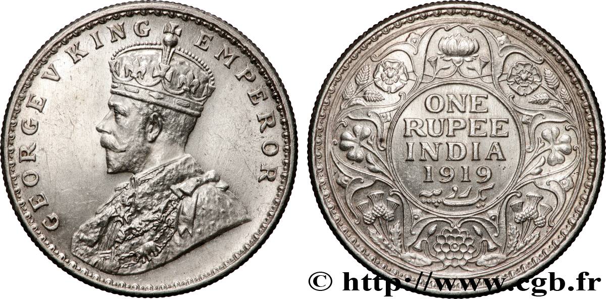 BRITISH INDIA 1 Roupie Georges V 1919 Bombay AU 