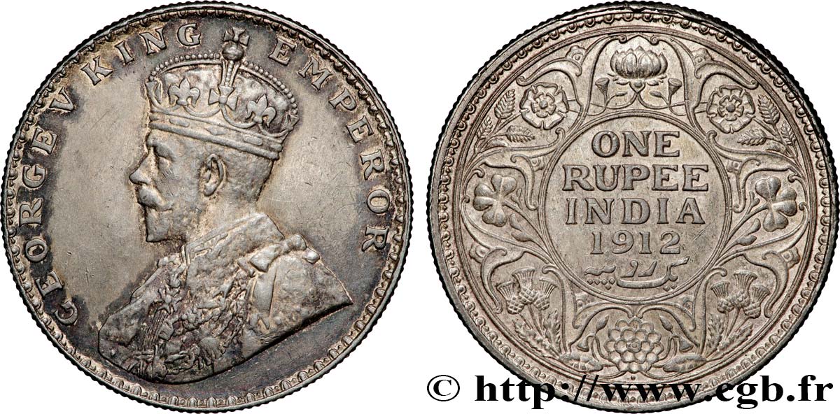 INDES BRITANNIQUES 1 Roupie Georges V 1912 Bombay TTB+ 