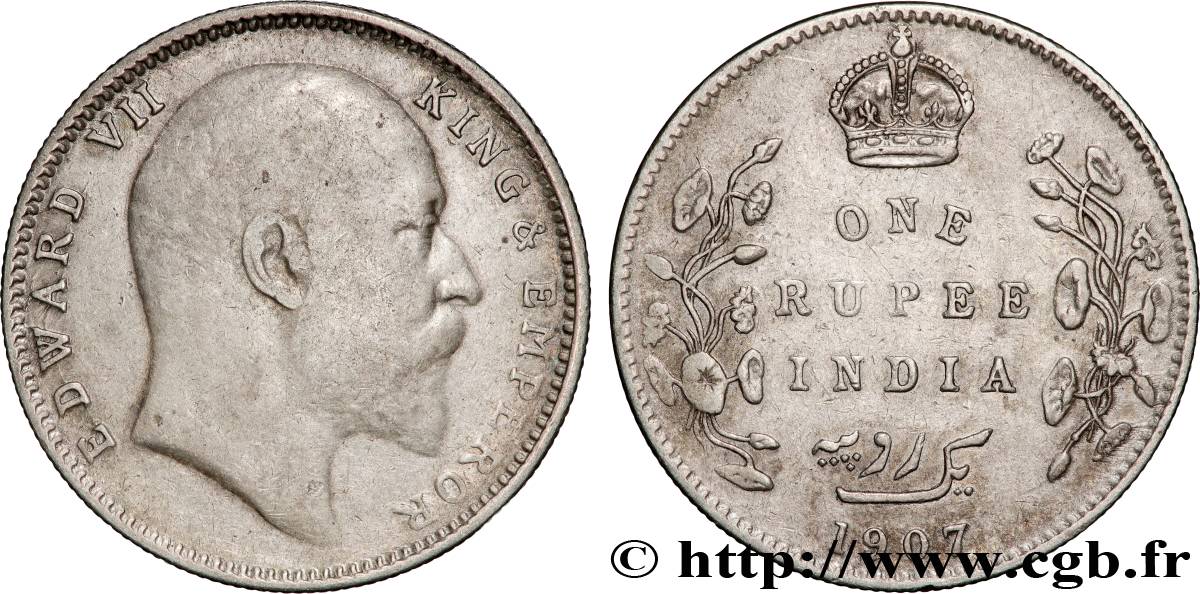 INDES BRITANNIQUES 1 Rupee (Roupie) Edouard VII 1907 Calcutta TTB 