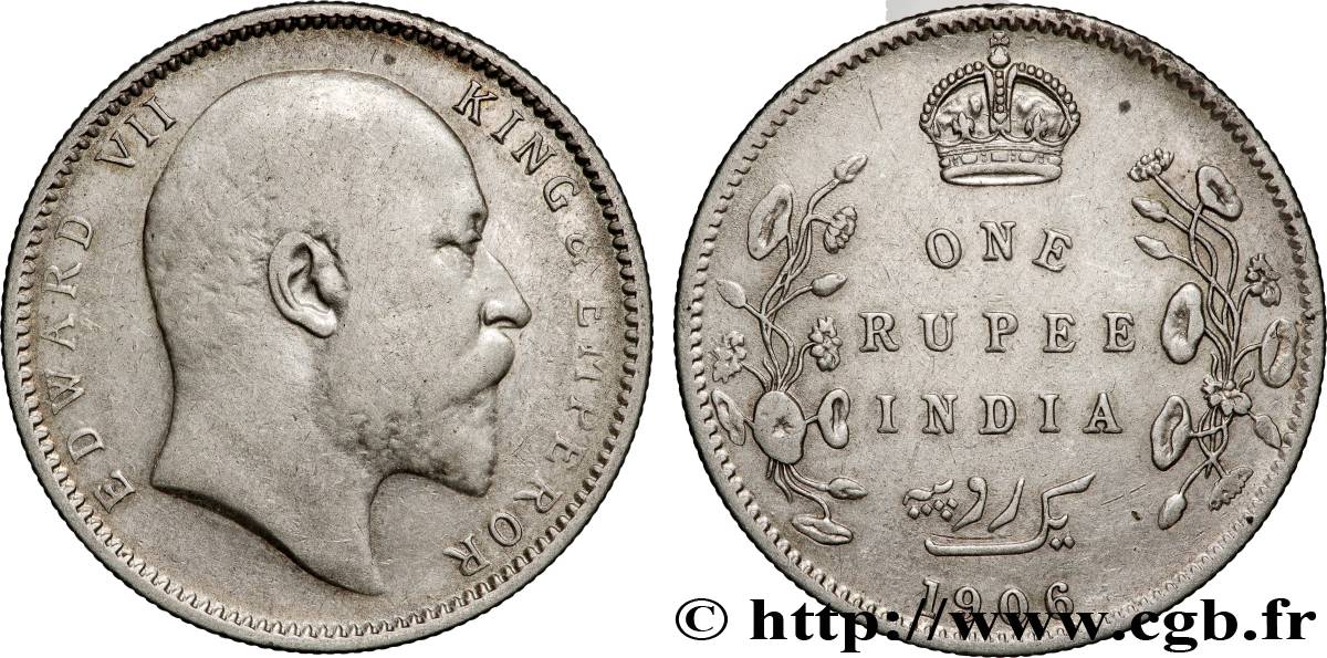 BRITISH INDIA 1 Rupee (Roupie) Edouard VII 1906 Bombay AU 