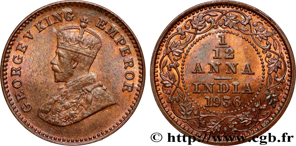 BRITISCH-INDIEN 1/12 Anna (1 Pie) Georges V 1936 Calcutta fVZ 