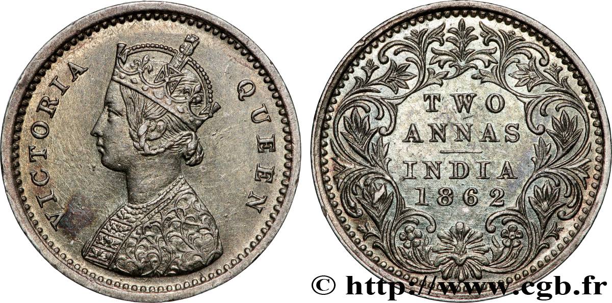 INDES BRITANNIQUES 2 Annas Anna Victoria 1862 Bombay TTB+ 