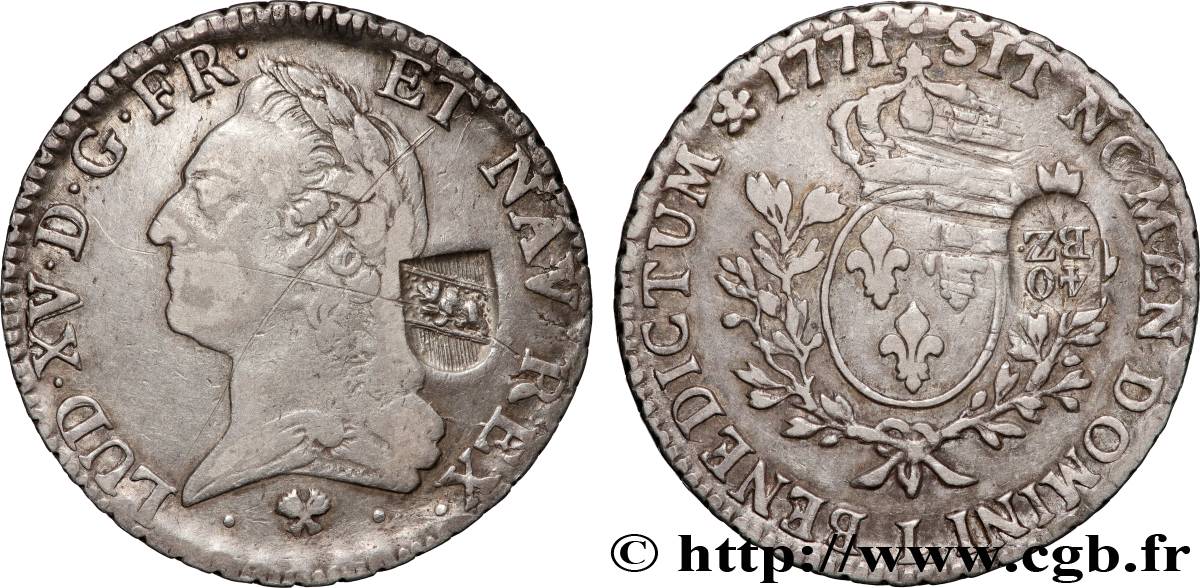 SUISSE 40 batzen contremarqué sur un écu aux branches d’olivier, buste lauré 1771 Bayonne TB+ 