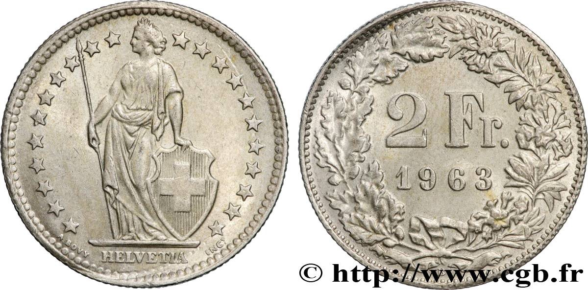 SUISSE 2 Francs Helvetia 1963 Berne TTB+ 