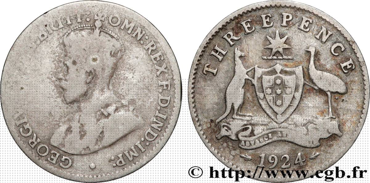 AUSTRALIE 3 Pence Georges V / émeu et kangourou de part et d’autre d’un écu 1924  TB 