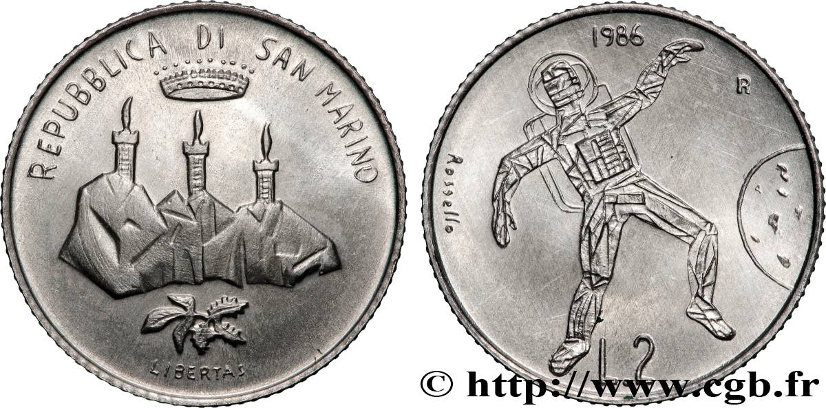 SAN MARINO 2 Lire astronaute 1986 Rome - R MS 