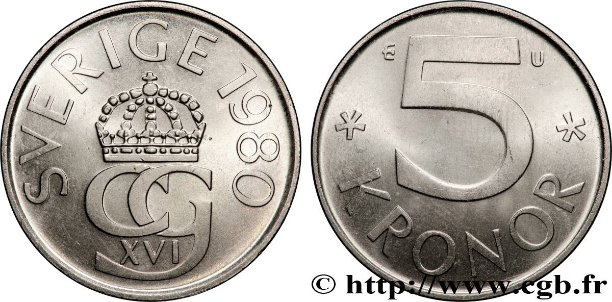 SUÈDE 5 Kronor Charles XVI Gustave 1980 Eskilstuna SUP 