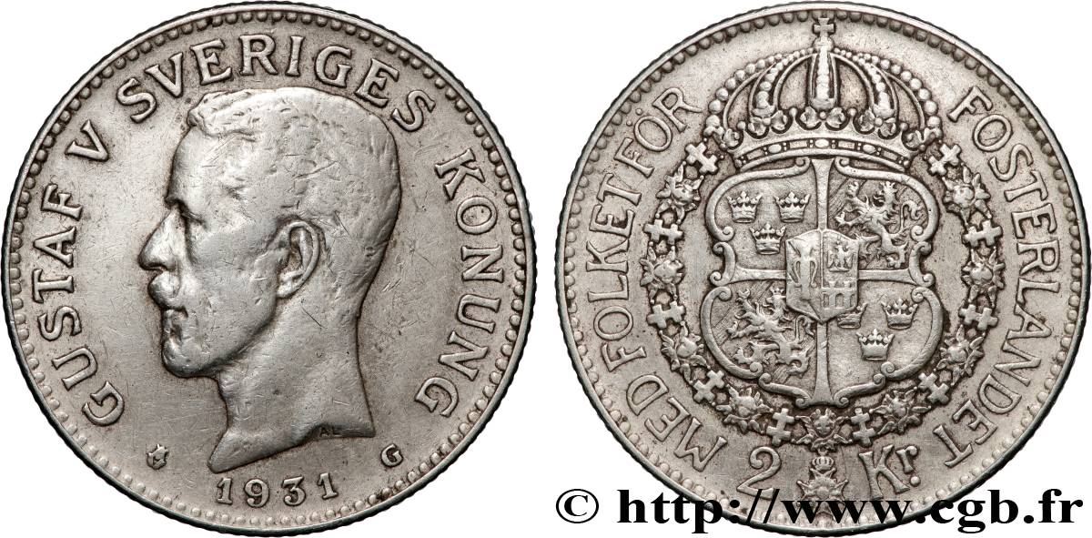 SUÈDE 2 Kronor Gustave V  1931  TB+ 