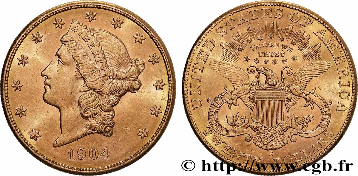 OR, PALLADIUM ET PLATINE INVESTISSEMENT 20 Dollars  Liberty  1904 San Francisco SUP 