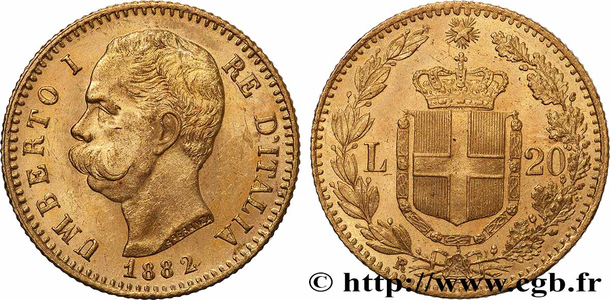 GOLD, PALLADIUM & PLATINUM INVESTMENT 20 Lire Umberto Ier 1882 Rome AU 