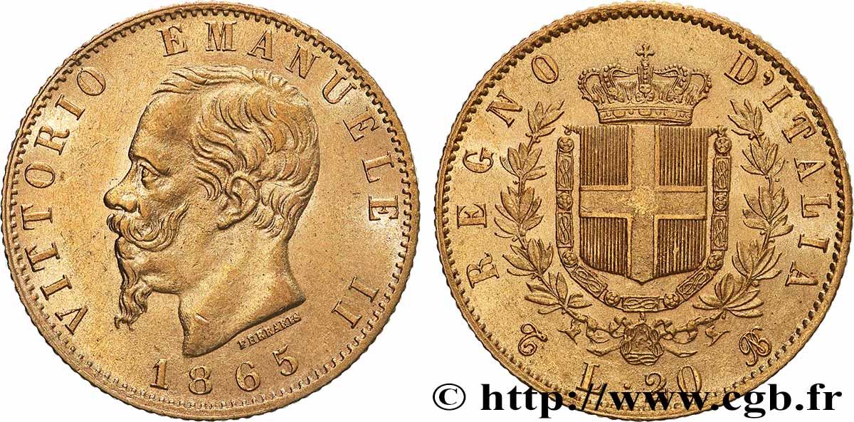 OR, PALLADIUM ET PLATINE INVESTISSEMENT 20 Lire Victor Emmanuel II  1865 Turin TTB+ 