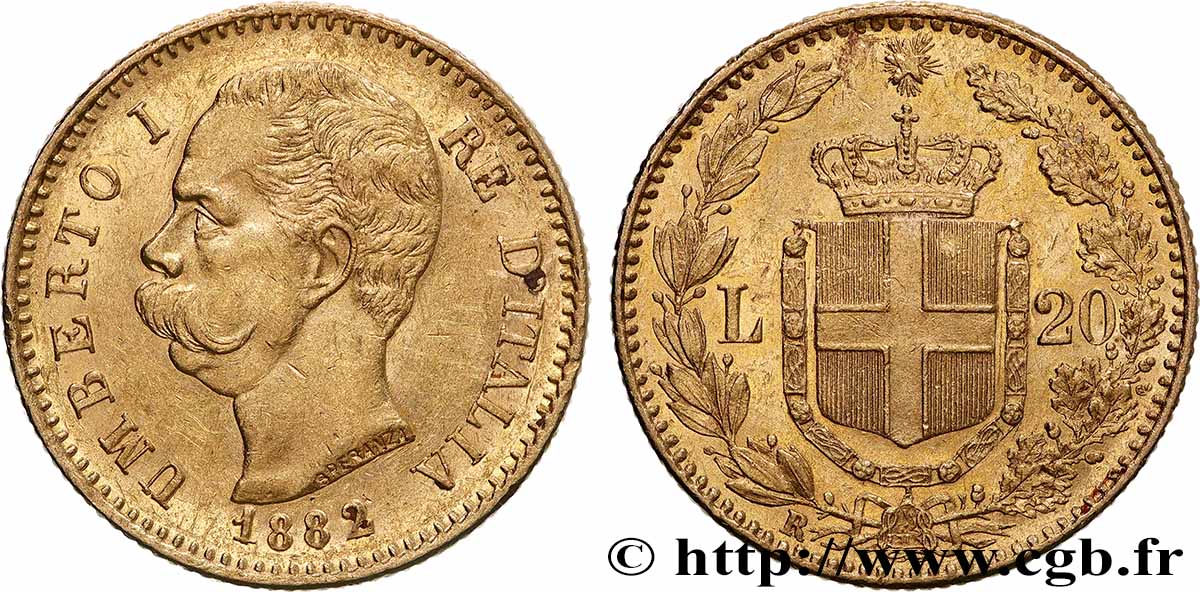 GOLD, PALLADIUM & PLATINUM INVESTMENT 20 Lire Umberto Ier 1882 Rome AU 