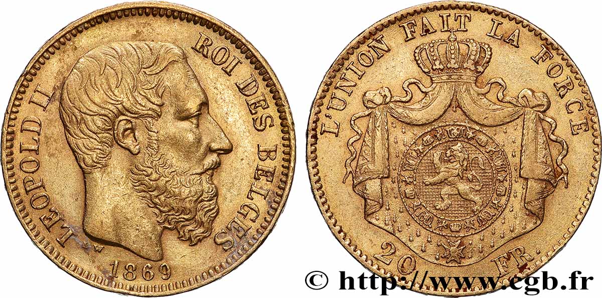 OR, PALLADIUM ET PLATINE INVESTISSEMENT 20 Francs Léopold II 1869 Bruxelles TTB+ 