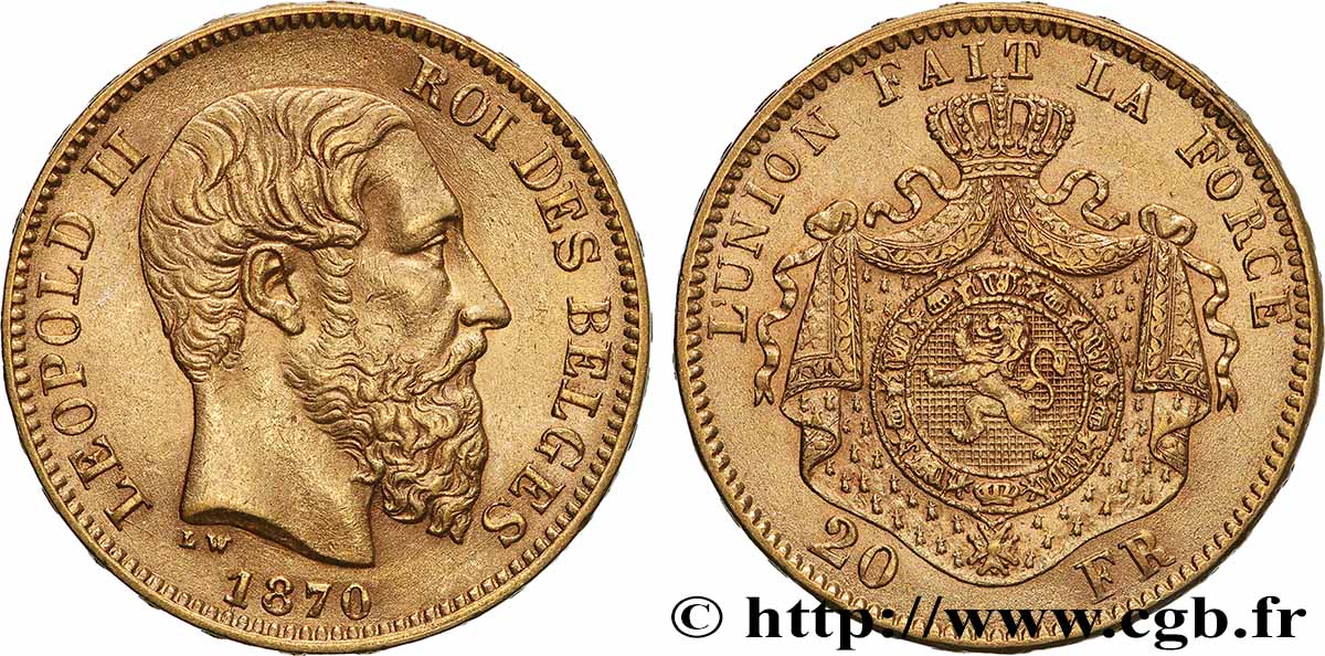 OR, PALLADIUM ET PLATINE INVESTISSEMENT 20 Francs Léopold II 1870 Bruxelles TTB+ 