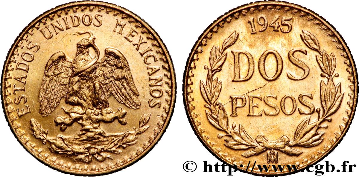 OR, PALLADIUM ET PLATINE INVESTISSEMENT 2 Pesos 1945 Mexico SUP 