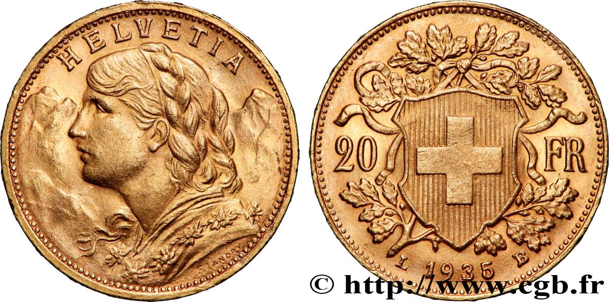 OR, PALLADIUM ET PLATINE INVESTISSEMENT 20 Francs  Vreneli  1935 Berne SUP 