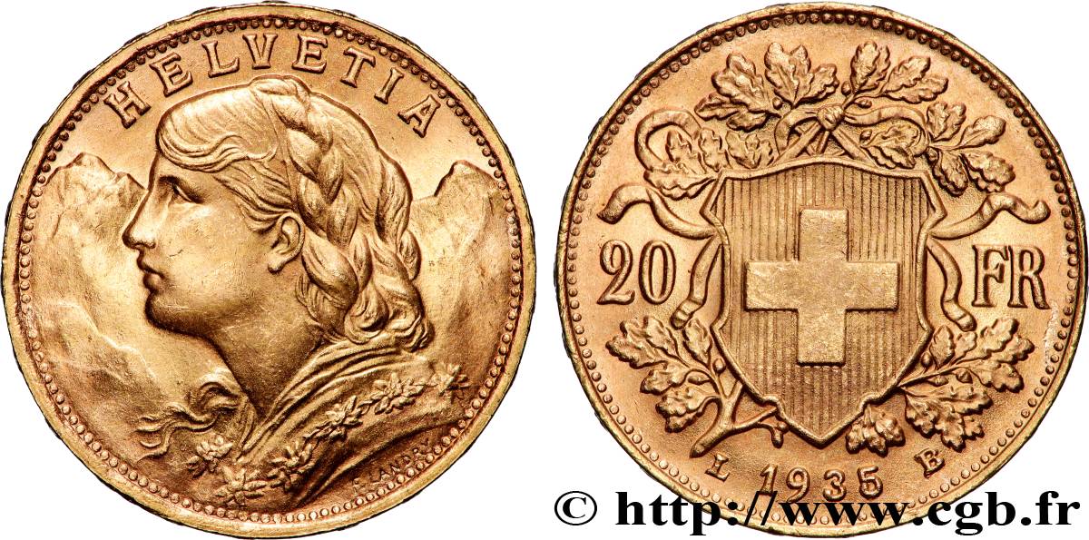GOLD, PALLADIUM & PLATINUM INVESTMENT 20 Francs  Vreneli  1935 Berne AU 