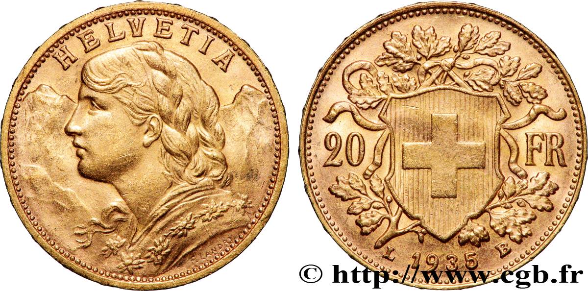 OR, PALLADIUM ET PLATINE INVESTISSEMENT 20 Francs  Vreneli  1935 Berne SUP 