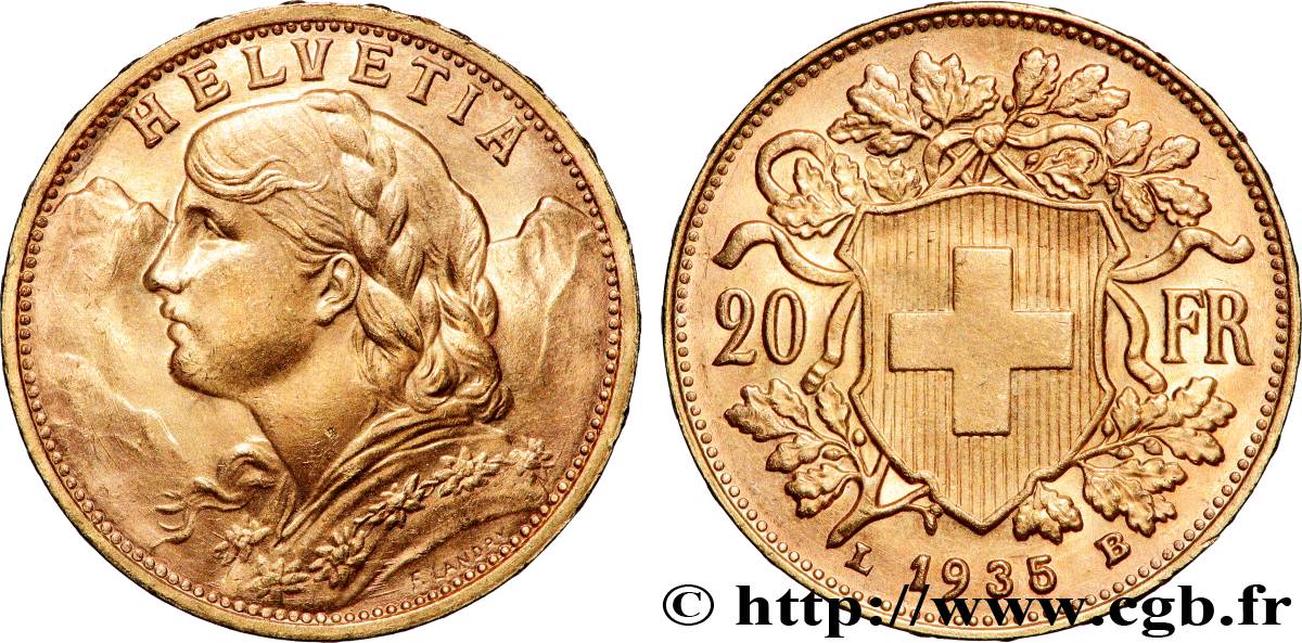 GOLD, PALLADIUM & PLATINUM INVESTMENT 20 Francs  Vreneli  1935 Berne AU 