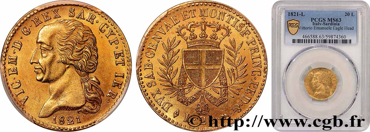 ITALIE - ROYAUME DE SARDAIGNE - VICTOR-EMMANUEL Ier 20 Lire 1821 Turin SPL63 PCGS
