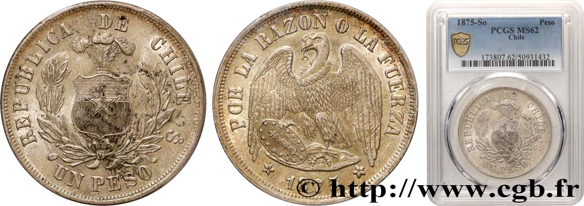 CHILE 1 Peso condor 1875 Santiago MS62 PCGS