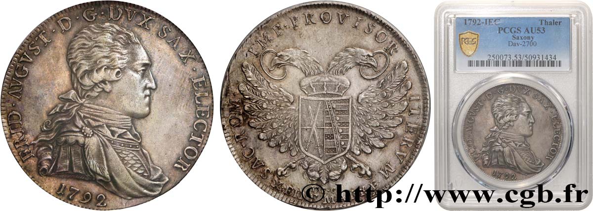 GERMANY - ELECTORATE OF SAXONY - FREDERICK-AUGUSTUS III Thaler 1792 Dresde AU53 PCGS