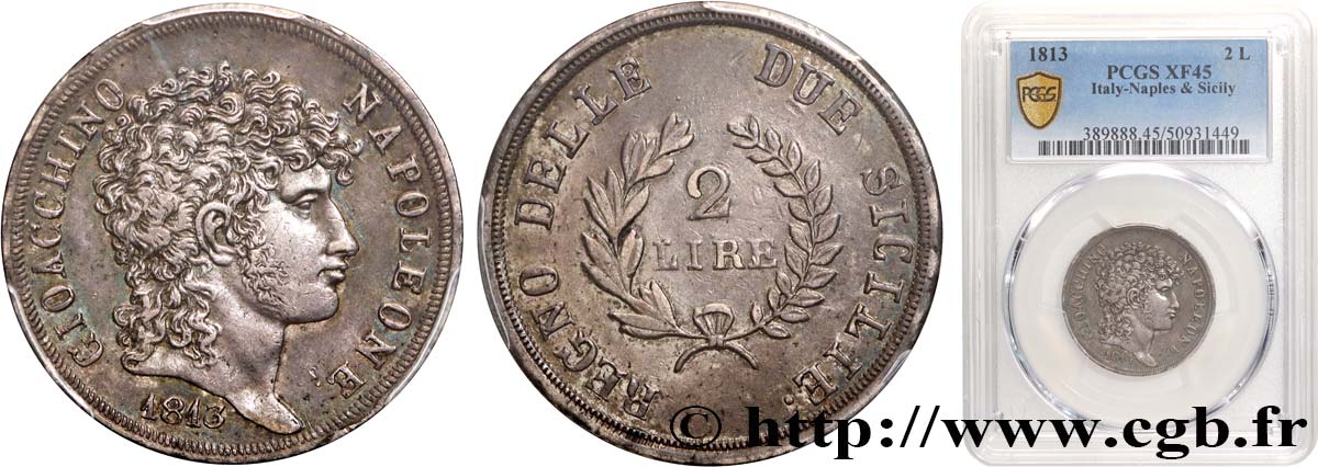 ITALY - KINGDOM OF THE TWO SICILIES 2 Lire Joachim Murat 1813  XF45 PCGS