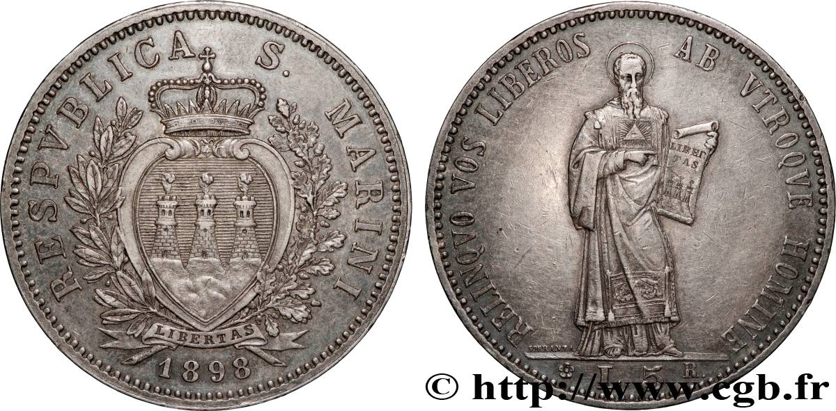 SAN MARINO 5 Lire 1898 Rome EBC/MBC+ 