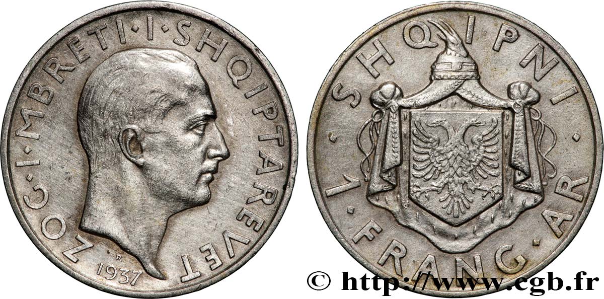 ALBANIA - REPUBLIC, THEN KINGDOM OF ALBANIA - ZOG 1 Franga Ari 1937 Rome AU 