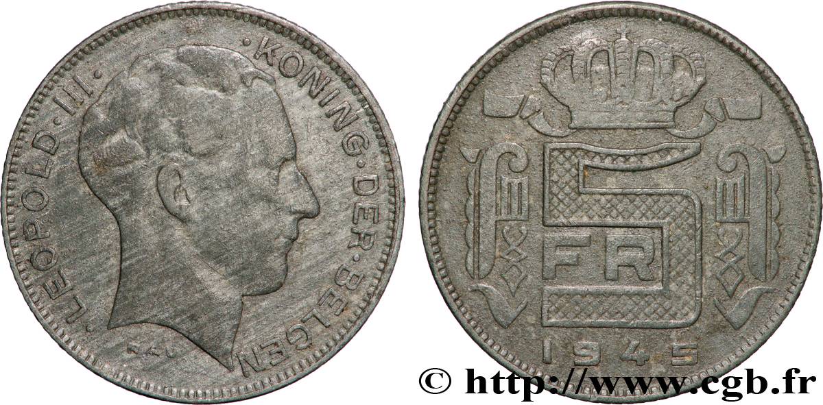 BELGIUM 5 Francs zinc légende flamande 1945 Bruxelles XF 