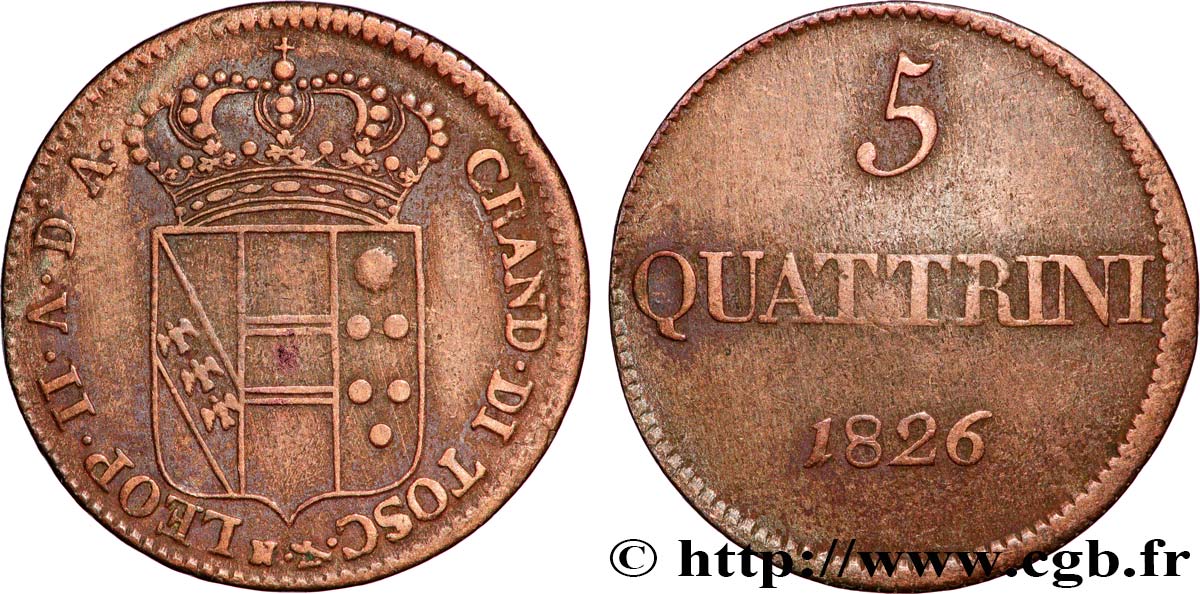 ITALY - TUSCANY 5 Quattrini Grand Duché de Toscane 1826 Florence VF 